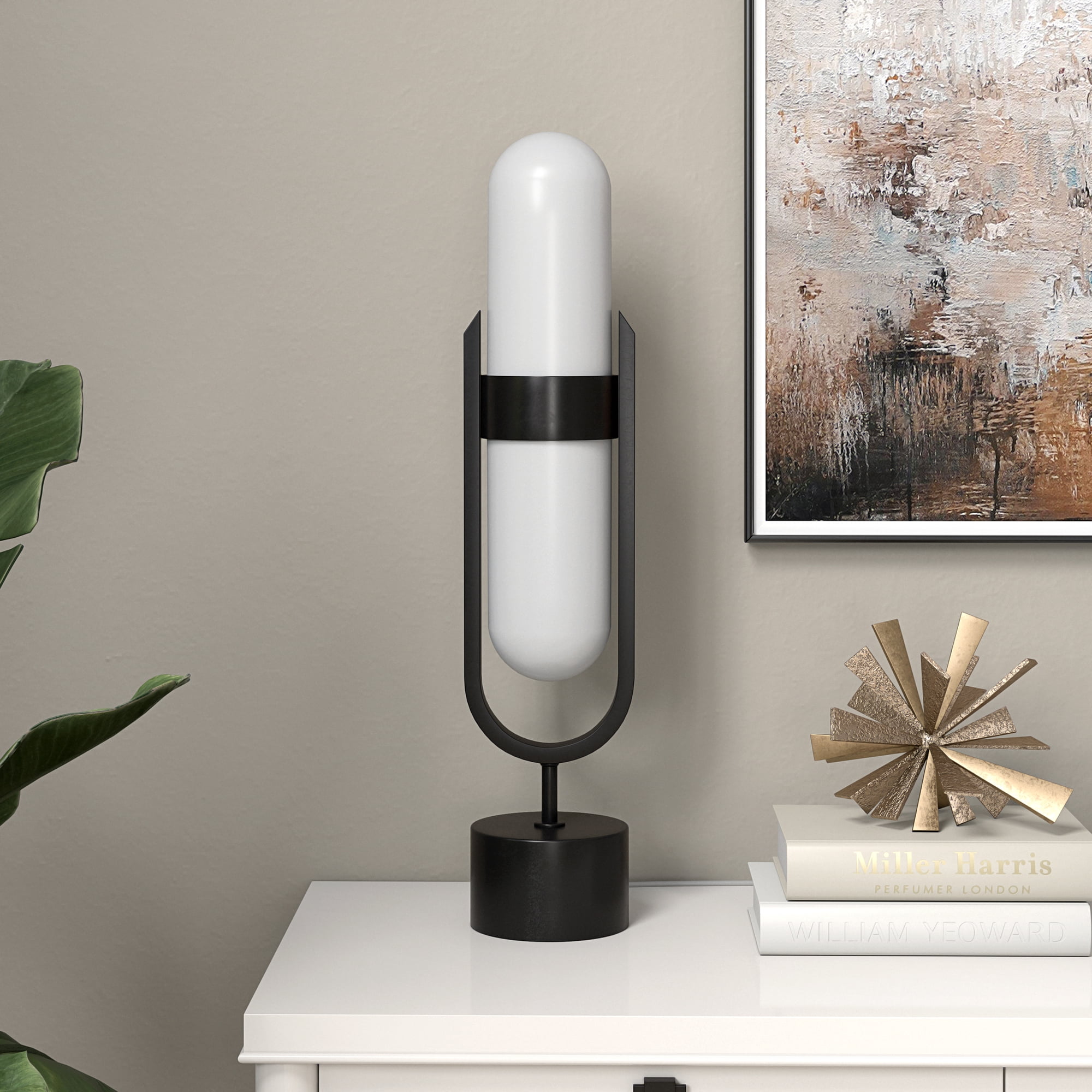 Blair Pill-Shaped Table Lamp with Milk Glass Shade in Blackened Bronze/White