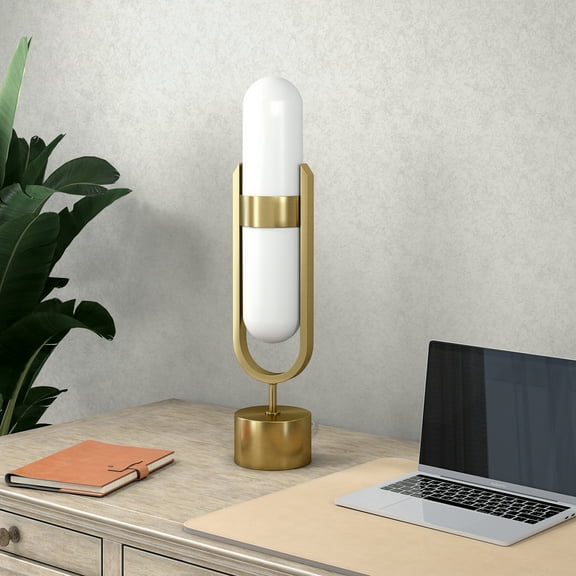 Blair Pill-Shaped Table Lamp with Milk Glass Shade in Brass/White