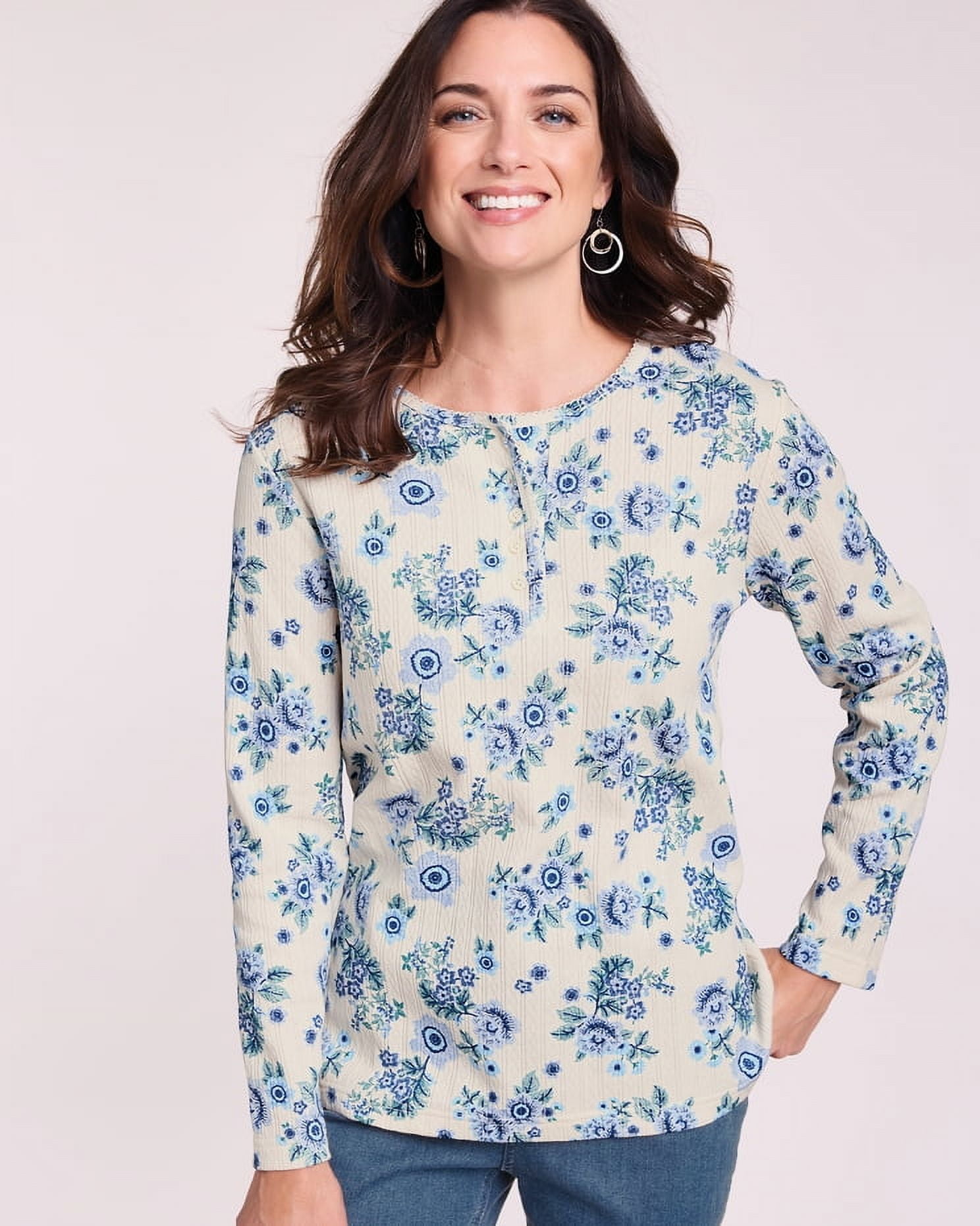 Blair Print Long Sleeve Pointelle Henley Top