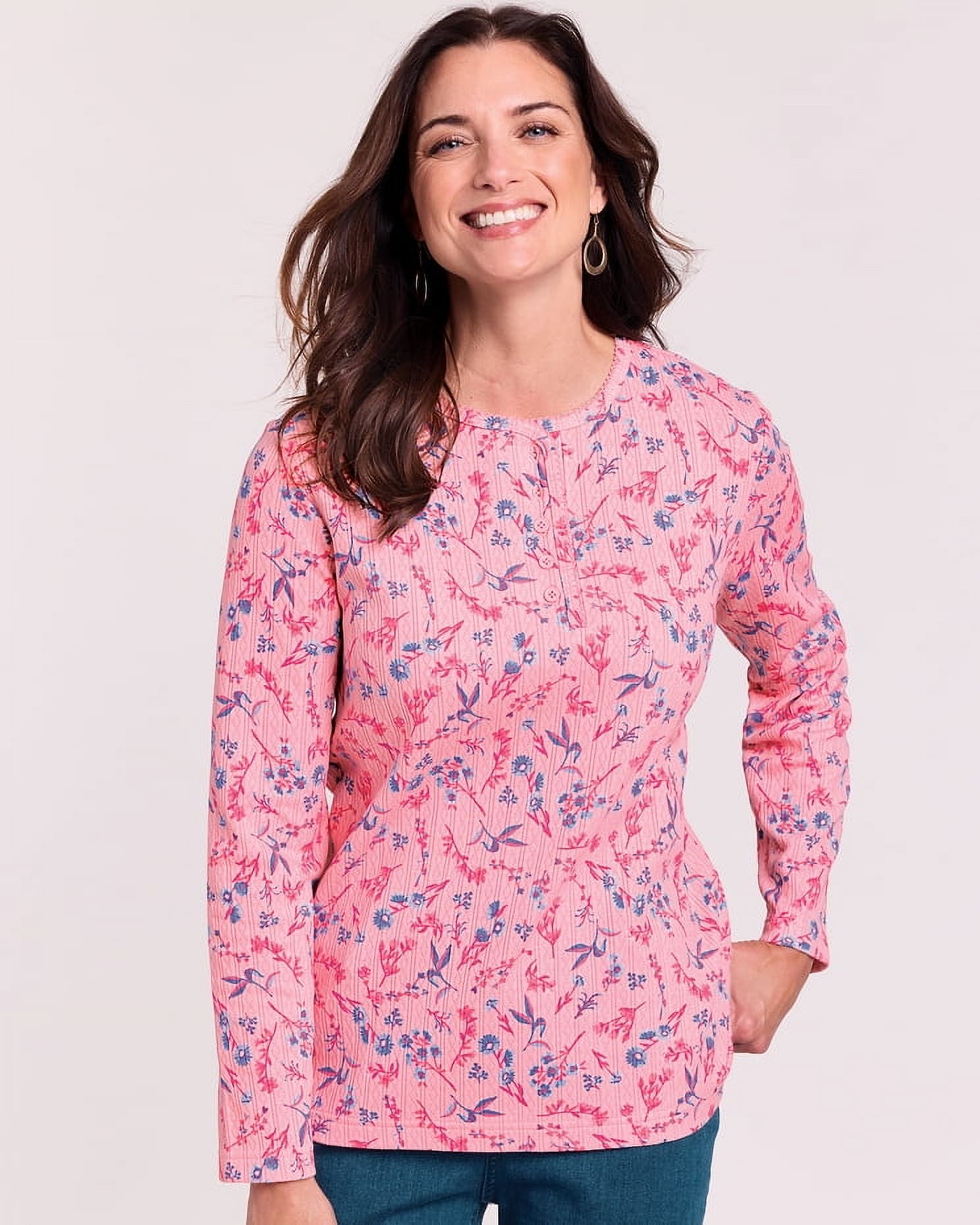 Blair Womens Print Long Sleeve Pointelle Henley Top