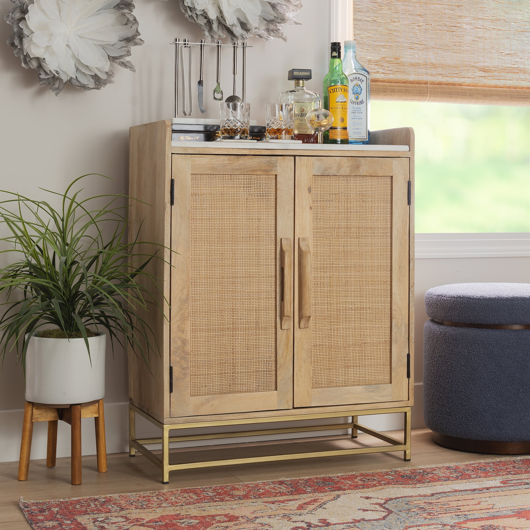 Blair Rattan Bar Cabinet Natural with White Marble Top