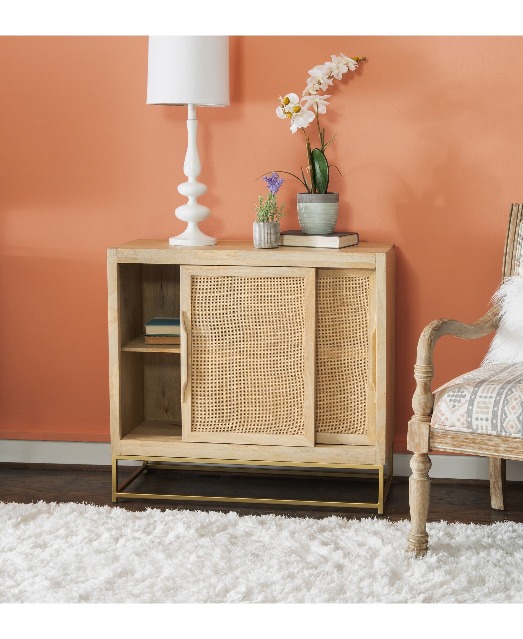 Blair Rattan Sliding Doors Cabinet with Shelves, Natural and Gold