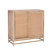Blair Rattan Sliding Doors Cabinet with Shelves, Natural and Gold