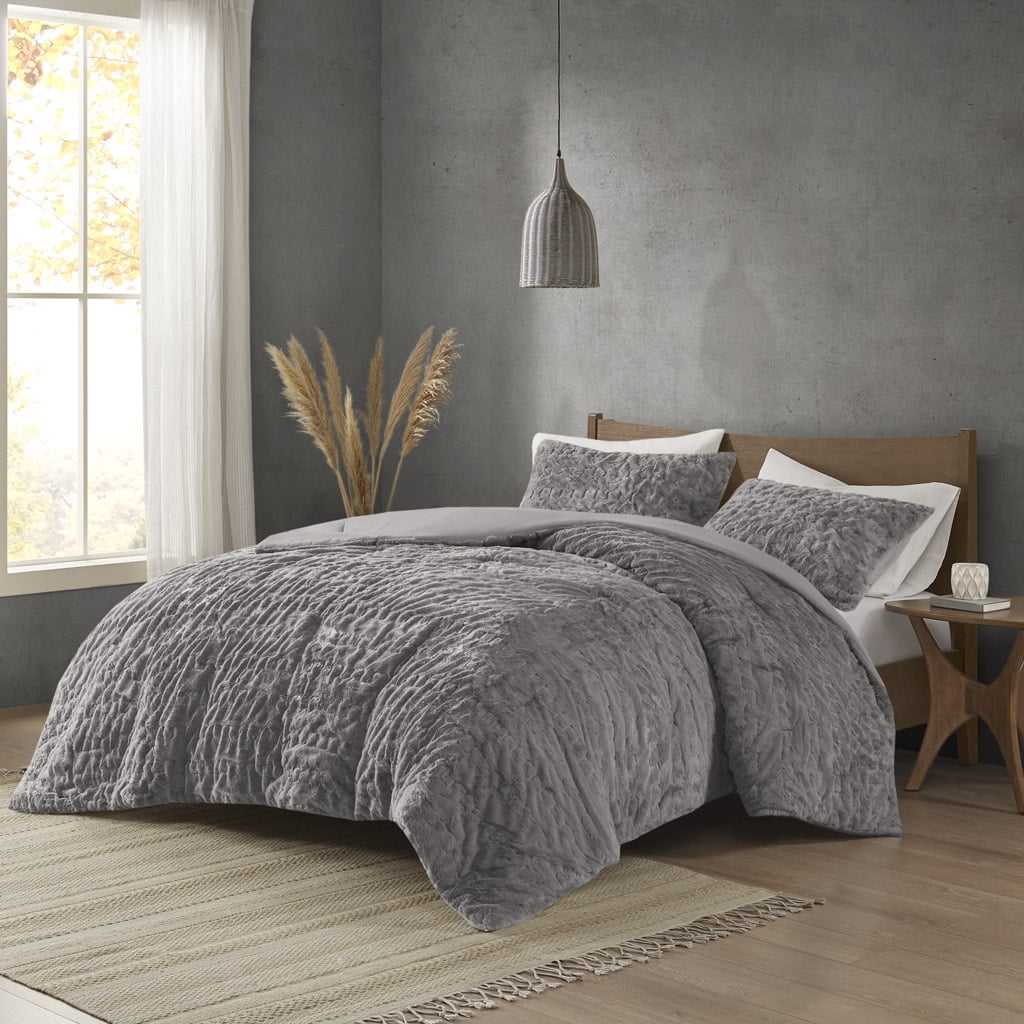 Gray King Ruched Faux Fur Down Alternative Comforter Set