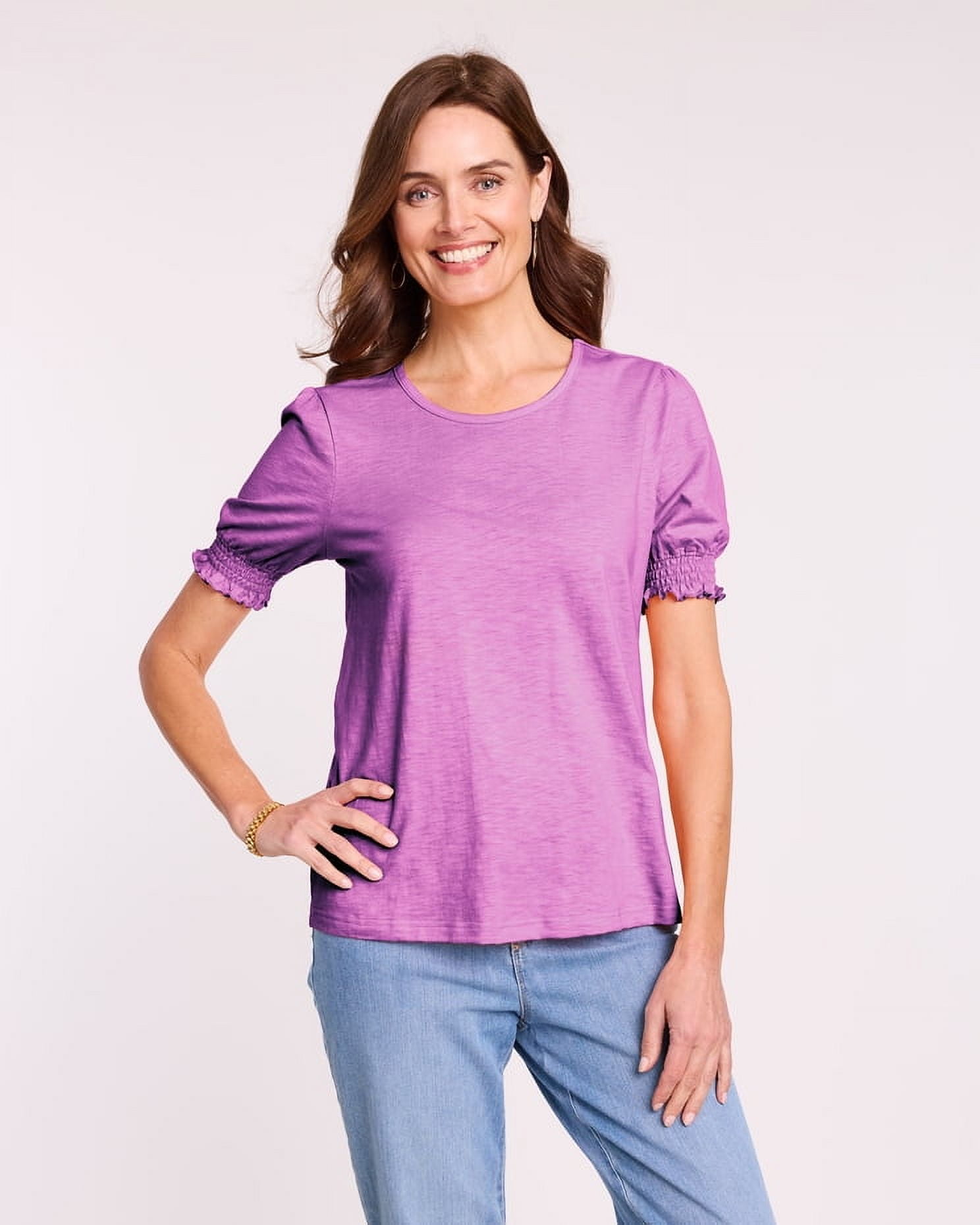 Blair Womens Slub Knit Smocked Sleeve Top