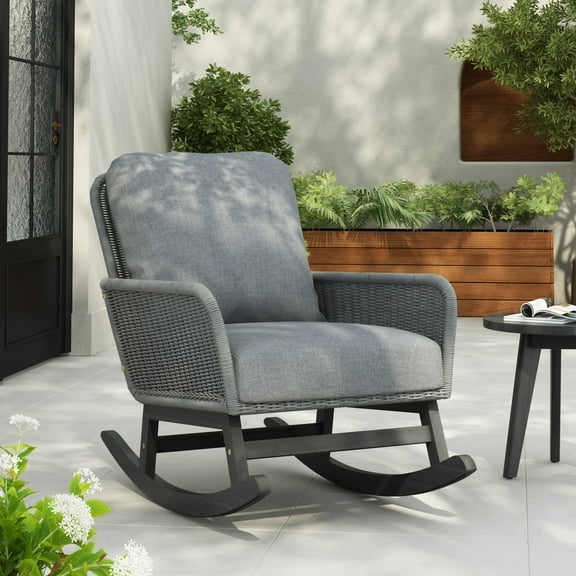 Blaire Outdoor Patio Wicker Rocking Chair with Cushions, Solid Wood Frame, Grey
