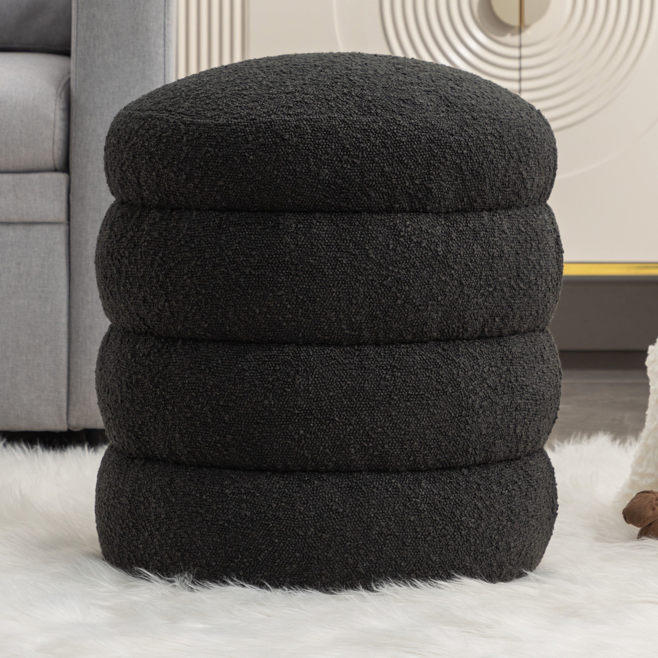 Noble House Blaise Boucle Upholstered Round Ottoman, Footstool with Wooden Frame, for Living Room, Bedroom, Black