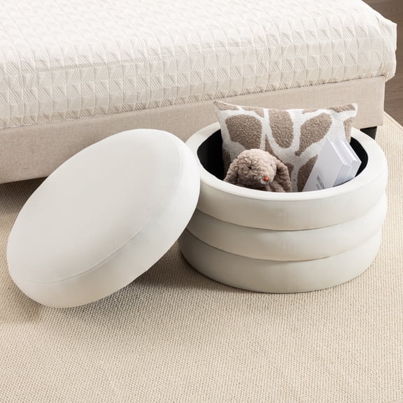Noble House Blaise Velvet Storage Ottoman with Reversible Lid, 24.41" Bedroom Bench & Footstool, Ivory