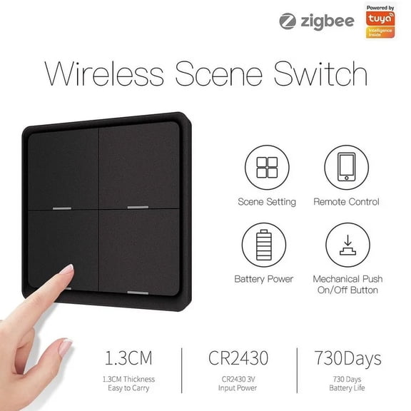 Blakc 4 Gang Tuya ZigBee Wireless 12 Scene Switch Push Button Controller Battery Powered Automation Scenario for Tuya Devices