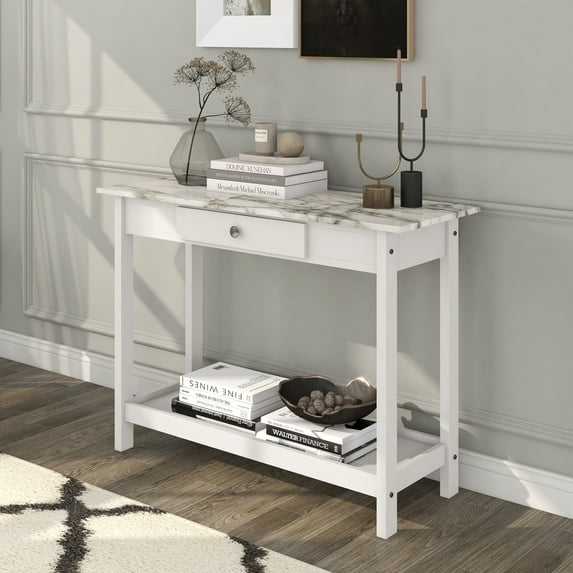 Blake 1-Drawer and 1-Shelf Wood Sofa Table, White
