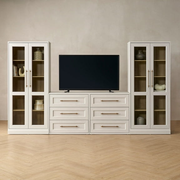 Blake 4 Piece Entertainment Center with Storage, Dresser TV Stand with Tall Display Cabinets, White Oak