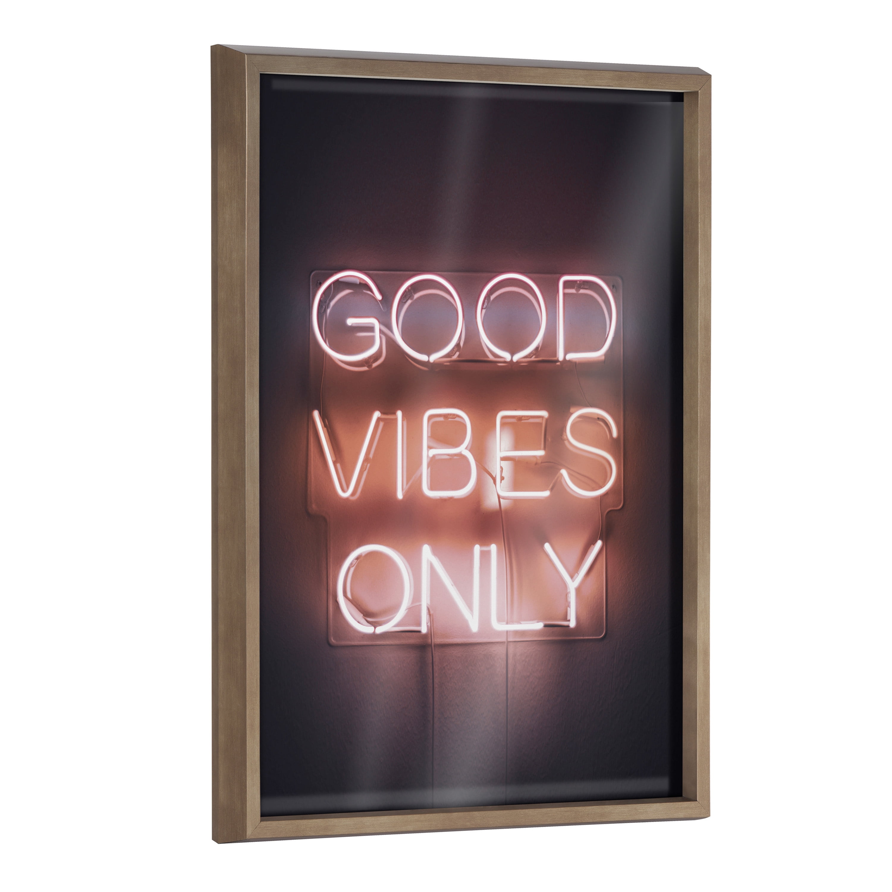 Kate and Laurel Blake Good Vibes Only Neon Sign Framed Printed Glass Wall Art by The Creative Bunch Studio, 18x24 Gold, Inspirational Art for Wall