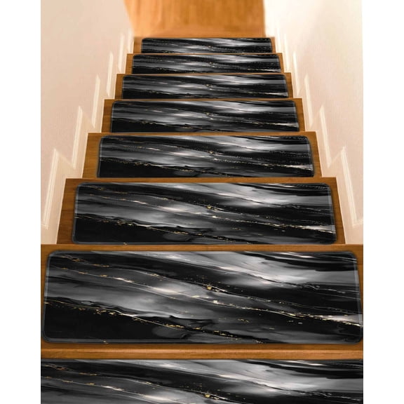 Blake Gray Marble Stair Treads for Wooden Steps Indoor Runner Rug Carpet, Modern Abstract Art Marble Crack 4 Pieces Peel and Stick Staircase Step Treads Covers Washable Throw Door Mats, 30"x8"