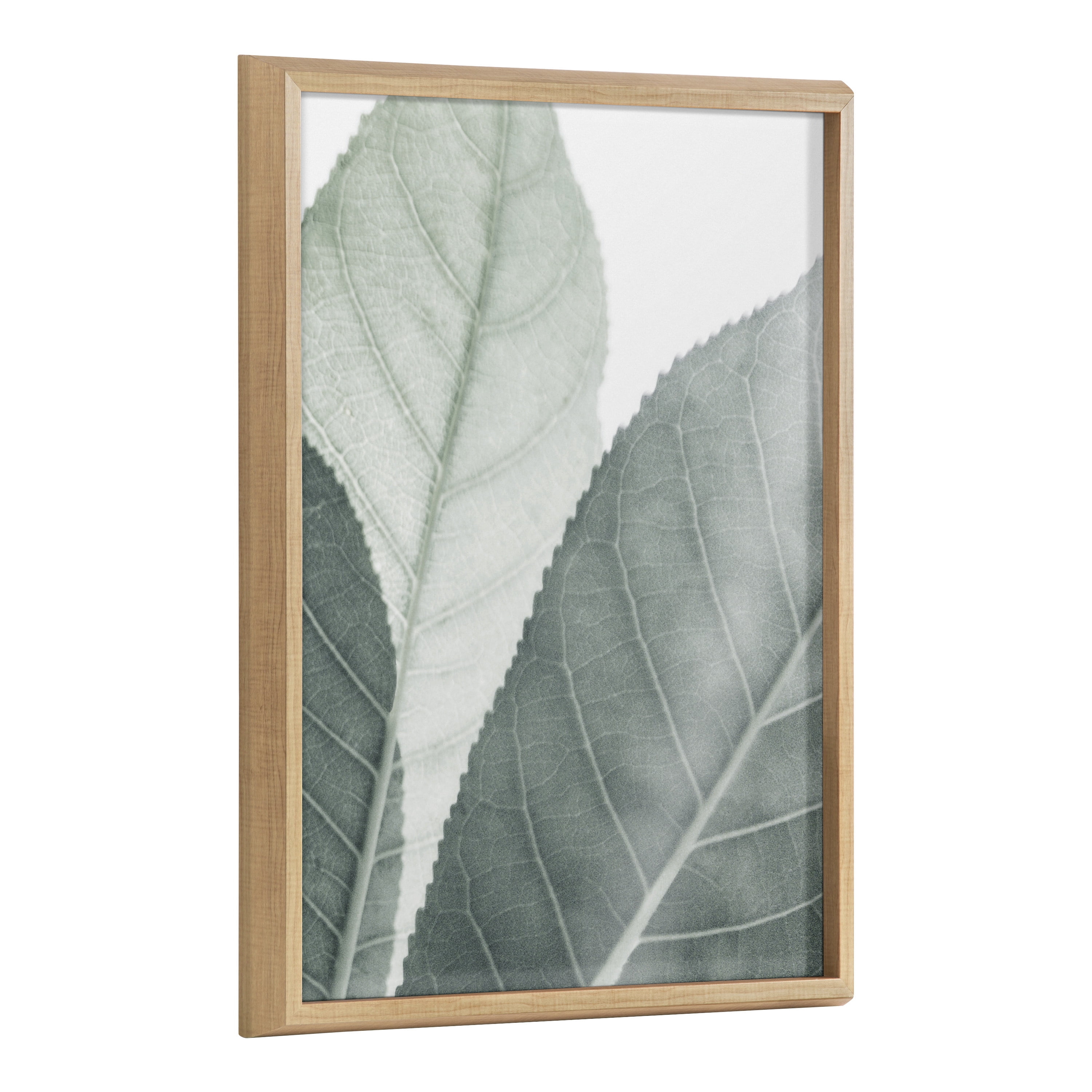 Modern Green Leaf Botanical Framed Glass Print with Natural Wood Frame