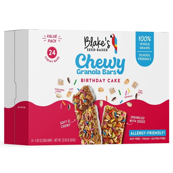 Blake’s Seed Based Chewy Granola Bars — Birthday Cake (24 Count), Vegan, Gluten Free, Nut Free & Dairy Free, Healthy Snacks for Kids or Adults, School Safe, Low Calorie Soy Free Snack