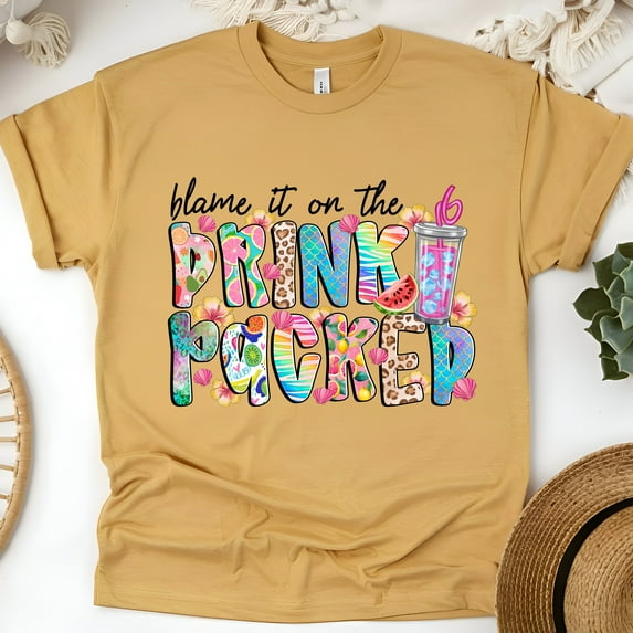 Blame It On The Drink Package Shirt – Tropical Cruise Tumbler Graphic Tee, Gold, Size L