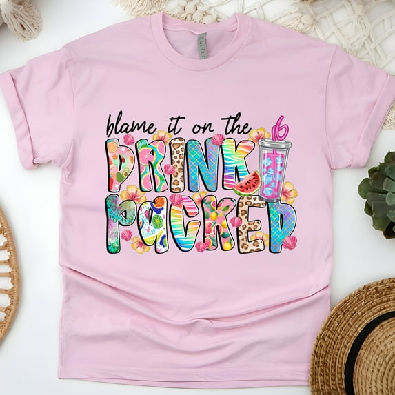 Blame It On The Drink Package Shirt – Tropical Cruise Tumbler Graphic Tee, Light Pink, Size L