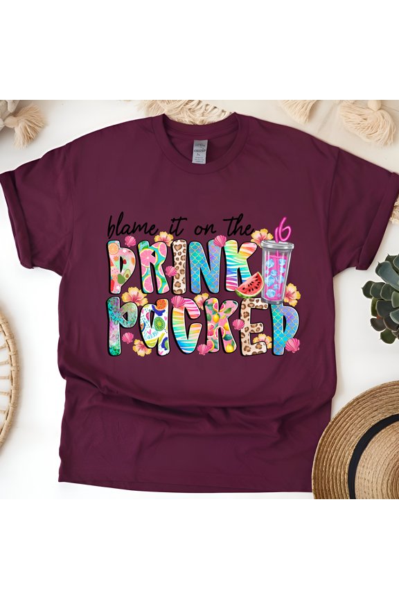Blame It On The Drink Package Shirt – Tropical Cruise Tumbler Graphic Tee, Maroon, Size S