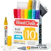 Blami 10 Pack Bold Colors with Extra Gold & Silver Colors 6mm Reversible Tip Chalk Pens - for Chalkboards, Windows, BlackBoards, and Sidewalks, Erasing Sponge Included