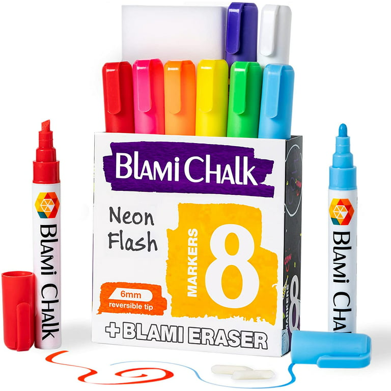 Blami Arts Chalk Markers 8 Pens Set - Neon Vibrant Chalkboard Markers - Non-Toxic Water-Based Liquid Chalk Markers with Reversible Tips and Erasing