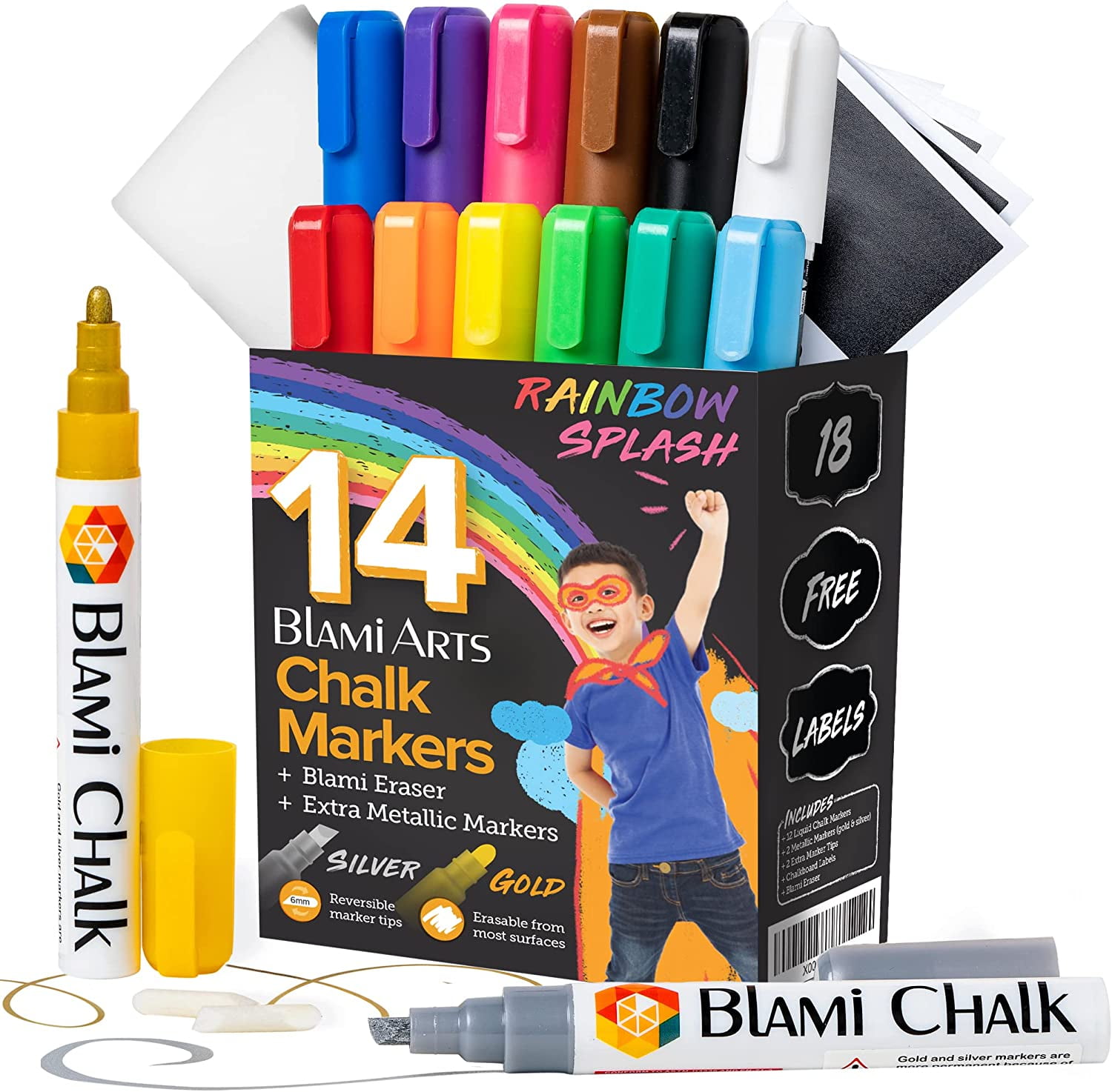 Blami Arts Liquid Chalk Markers Washable 14 Ink Pens & Extra Gold and