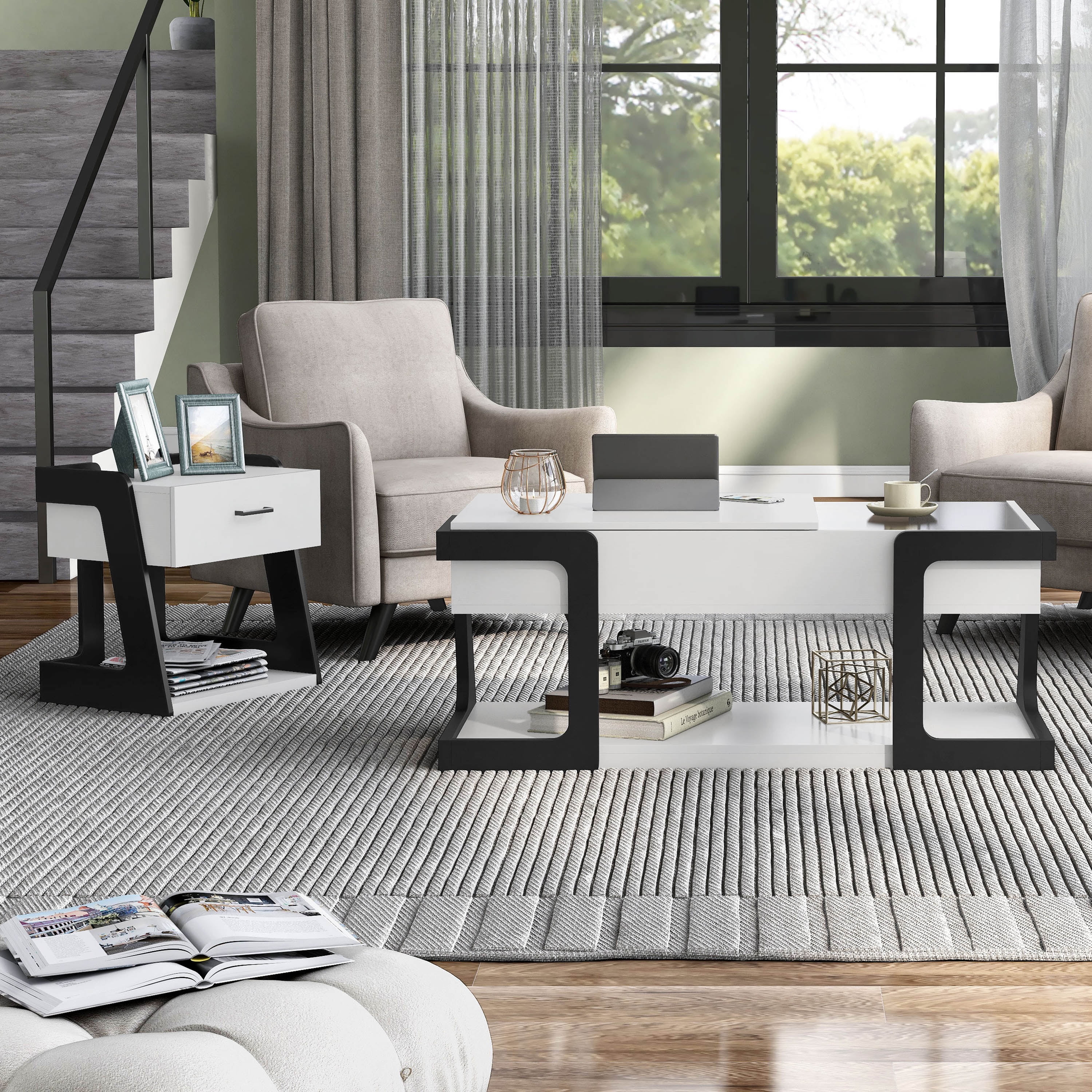 Oakley White and Black Composite Coffee and End Table Set