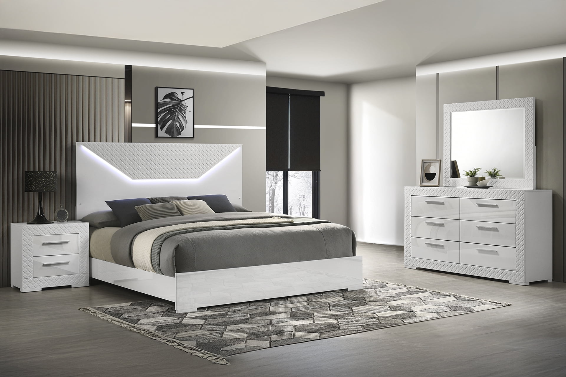 Blanca White Wood King Panel Bed Set with LED Lighting