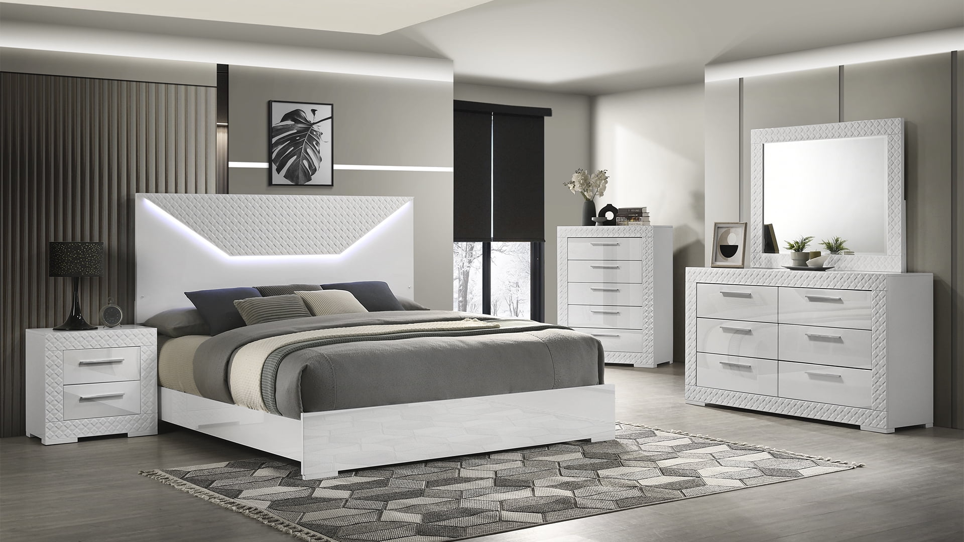 Luccia - 5 Piece Queen Bedroom Set With LED - White