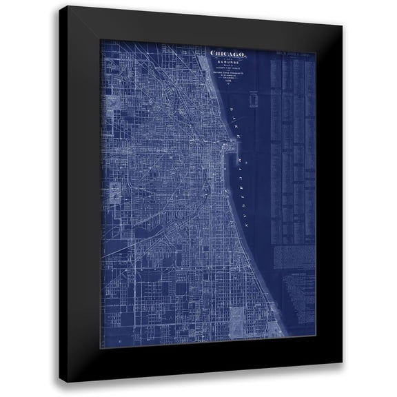 Blanchard 11x14 Black Modern Framed Museum Art Print Titled - Antique Map of Chicago (blue)