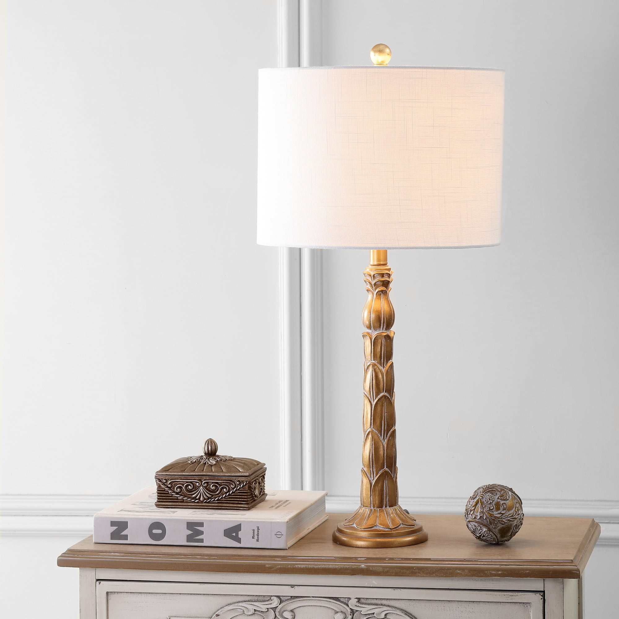 Antique Gold Resin Table Lamp with White Cotton Shade