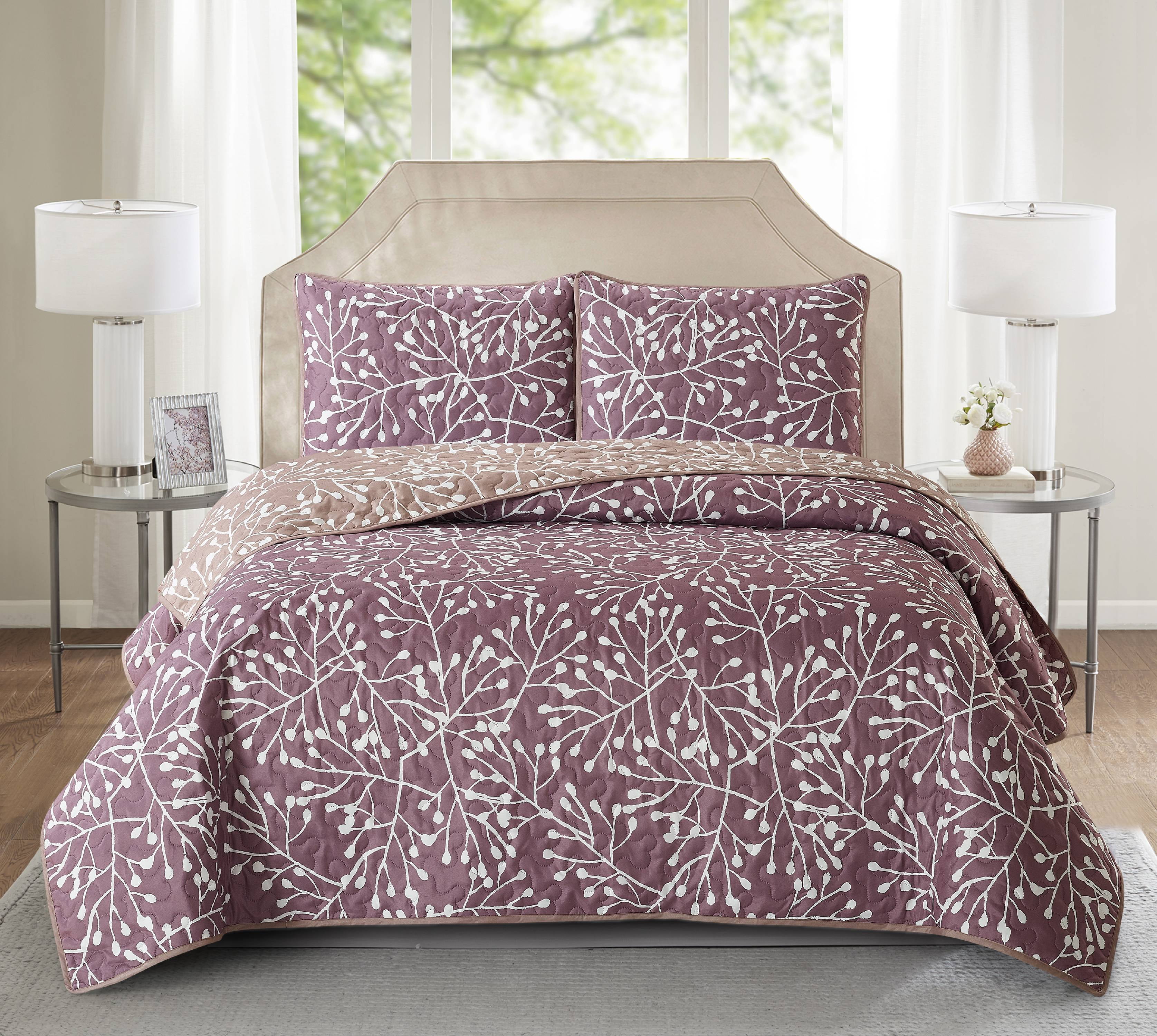 Blanche Branches Reversible 3 piece Quilt Set Lilac Twin