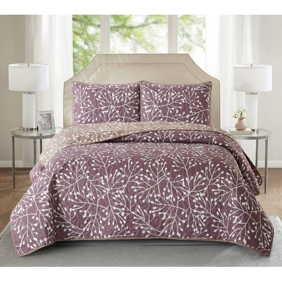 Blanche Branches Reversible 3-piece Quilt Set Lilac Twin