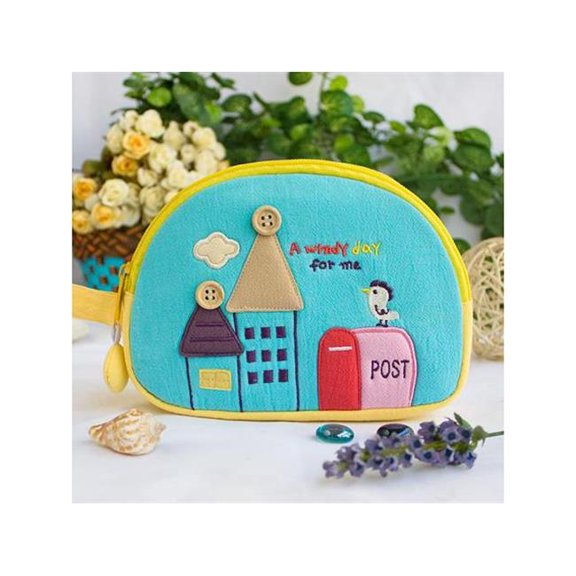 Blancho Bedding A Windy Day - Embroidered Applique Cosmetic Bag Camera bag & Hand Purse Wallet - Blue - 7.1 x 5.1 x 2.8 in.