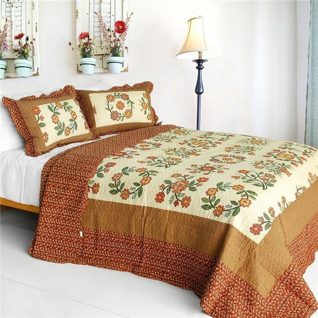 Blancho Bedding I Believe Cotton 3 Pieces VermicelliQuilted Floral Patchwork Quilt Set Full