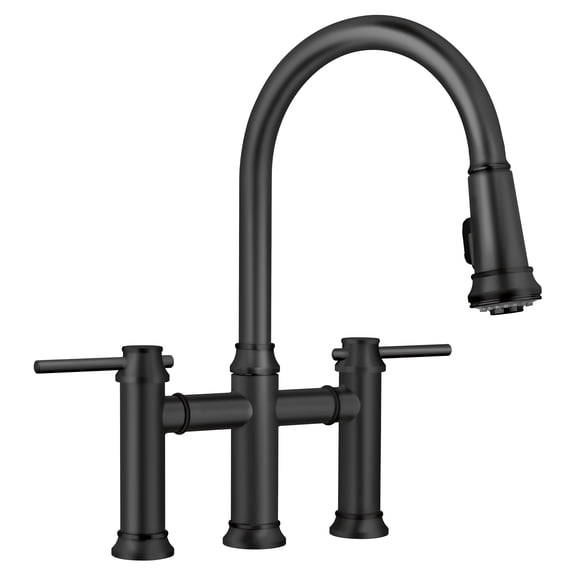 Empressa Double Handle Gooseneck Bridge Kitchen Faucet with Pull-Down Sprayer, Matte Black