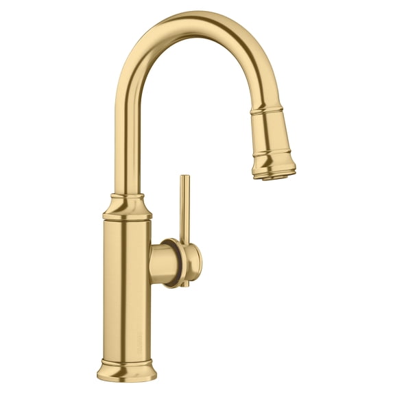 Empressa Single Handle Gooseneck Bar Faucet with Pull-Down Sprayer, Satin Gold