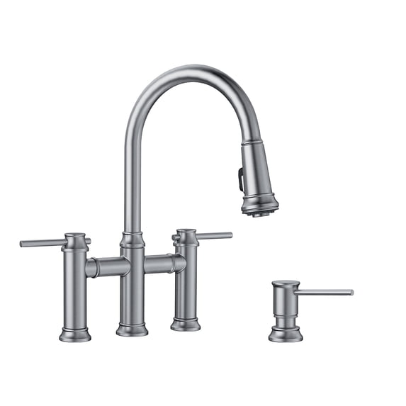 Blanco KF-442505 Empressa Pull-Down Bridge Kitchen Faucet with Soap Dispenser in Stainless