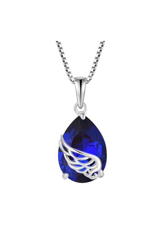 Angel Wing Necklace for Women 925 Sterling Silver Teardrop Sapphire Pendant Necklace September Birthstone Jewelry Gifts for Her