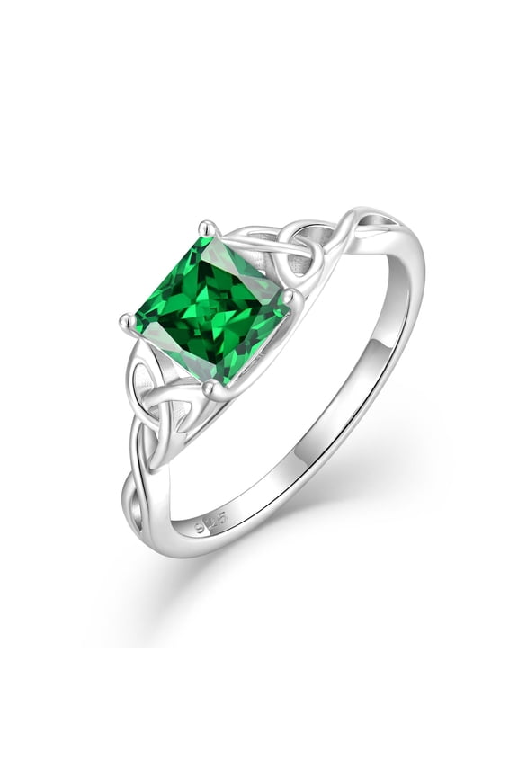 Infinity Trinity Irish Celtic Knot Ring for Women 925 Sterling Silver Statement Ring Princess Cut Emerald Ring May Birthstone Jewelry Gifts for Her Size 10