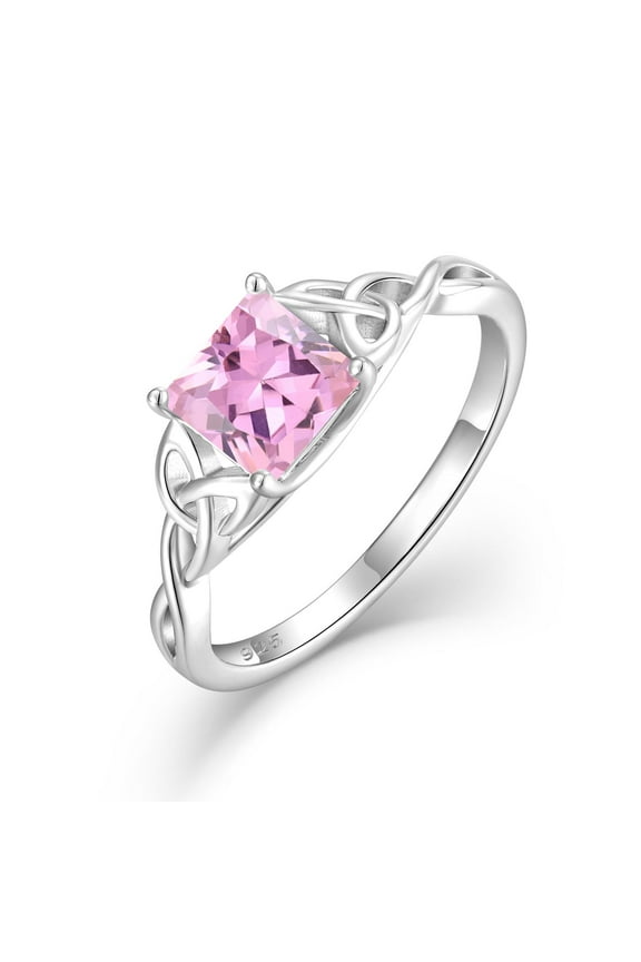 Infinity Trinity Irish Celtic Knot Ring for Women 925 Sterling Silver Statement Ring Princess Cut Pink Tourmaline Ring October Birthstone Jewelry Gifts for Her Size 6