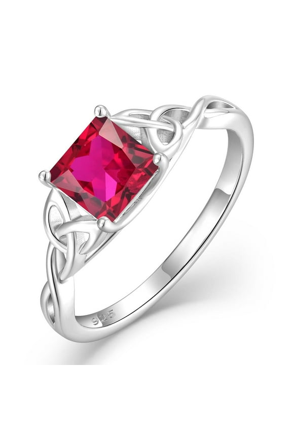 Infinity Trinity Irish Celtic Knot Ring for Women 925 Sterling Silver Statement Ring Princess Cut Ruby Ring July Birthstone Jewelry Gifts for Her Size 9