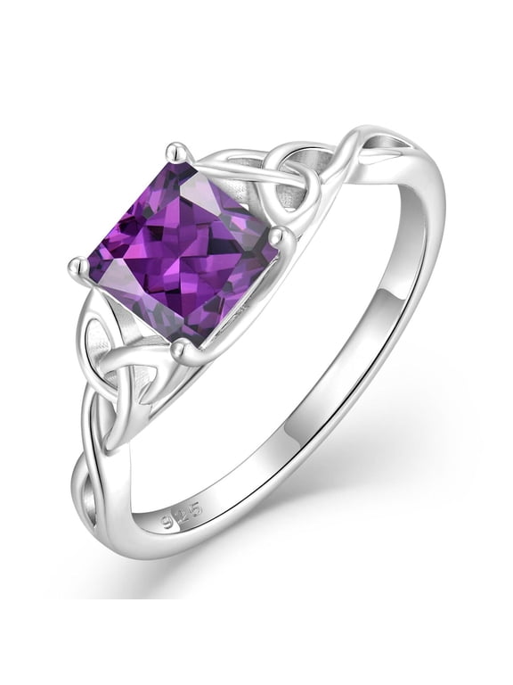 Infinity Trinity Irish Celtic Knot Ring for Women Statement Ring Princess Cut Amethyst Ring February Birthstone Jewelry Gifts for Her Size 9