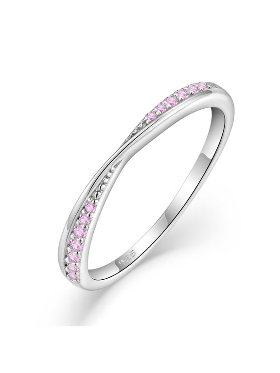 Stackable Wedding Band 925 Sterling Silver Pink Tourmaline Promise Rings Engagement Anniversary Eternity Ring October Birthstone Jewelry Gifts for Women Size 6