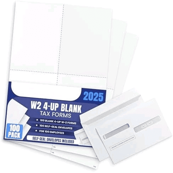 Blank 2025 W2 4 Up Tax Forms, 100 Employee Sets, Compatible with QuickBooks, Ideal for E-Filing, Works with Laser or Inkjet Printers, 100 Sheets and 100 Self Seal Envelopes$$Office