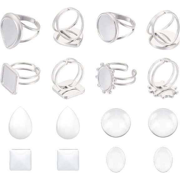 Blank 304 Stainless Steel Open Cuff Ring DIY Making Kits Teardrop & Square & Oval & Flat Round Stainless Steel Color Inner Diameter: 16.9mm