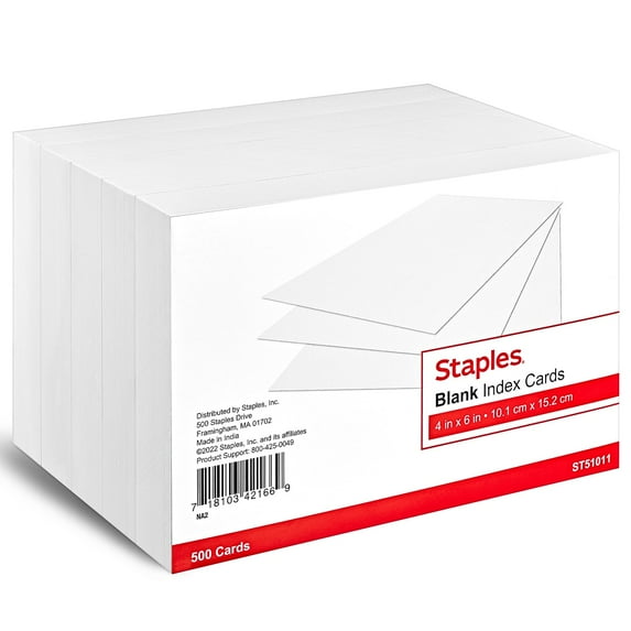 Staples Blank 4" x 6" Index Cards White 500/Pack (51011) 233502