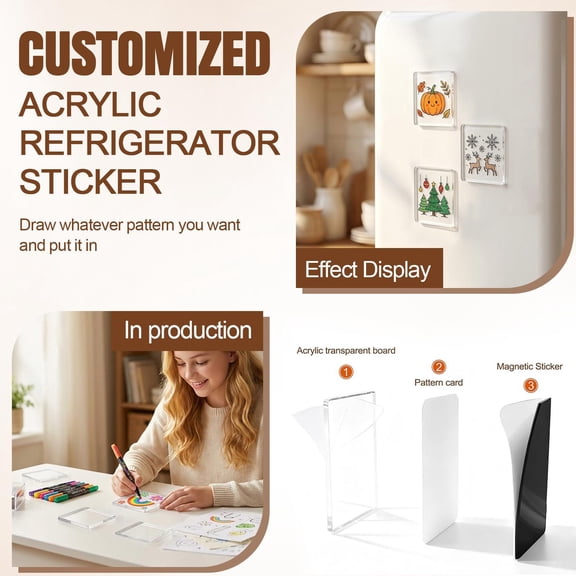 Blank Acrylic Fridge Diy Kit, Square 2X2X0.2 in Custom Name Tag Fridge Supplies, Clear Glossy Sticker Alternative for Personalization Projects, Lightweight Flat Photo Frame