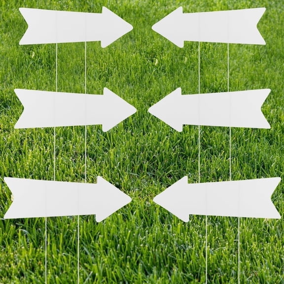 6 Pack Blank Directional Arrow Signs with Stakes - White Plastic Direction Signpost | Double-Sided Writable Wedding & Event Yard Signs, for Ceremony, Reception & Party Wayfinding