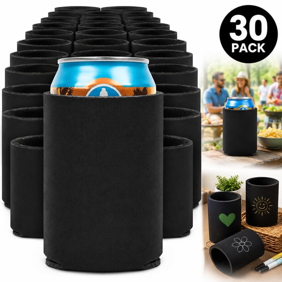 Blank Beer Can Coolers Sleeves (30-Pack) Soft Insulated Beer Can Cooler Sleeves - HTV Friendly Plain Black Can Sleeves for Soda, Beer & Water Bottles - Blanks for Vinyl Projects Wedding Favors & Gift