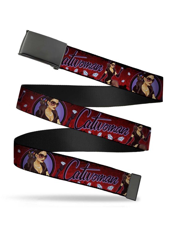 Blank Black 1.25" Buckle Catwoman Bombshell Pose Diamonds Red Purple Black Web Belt 1.25" Wide